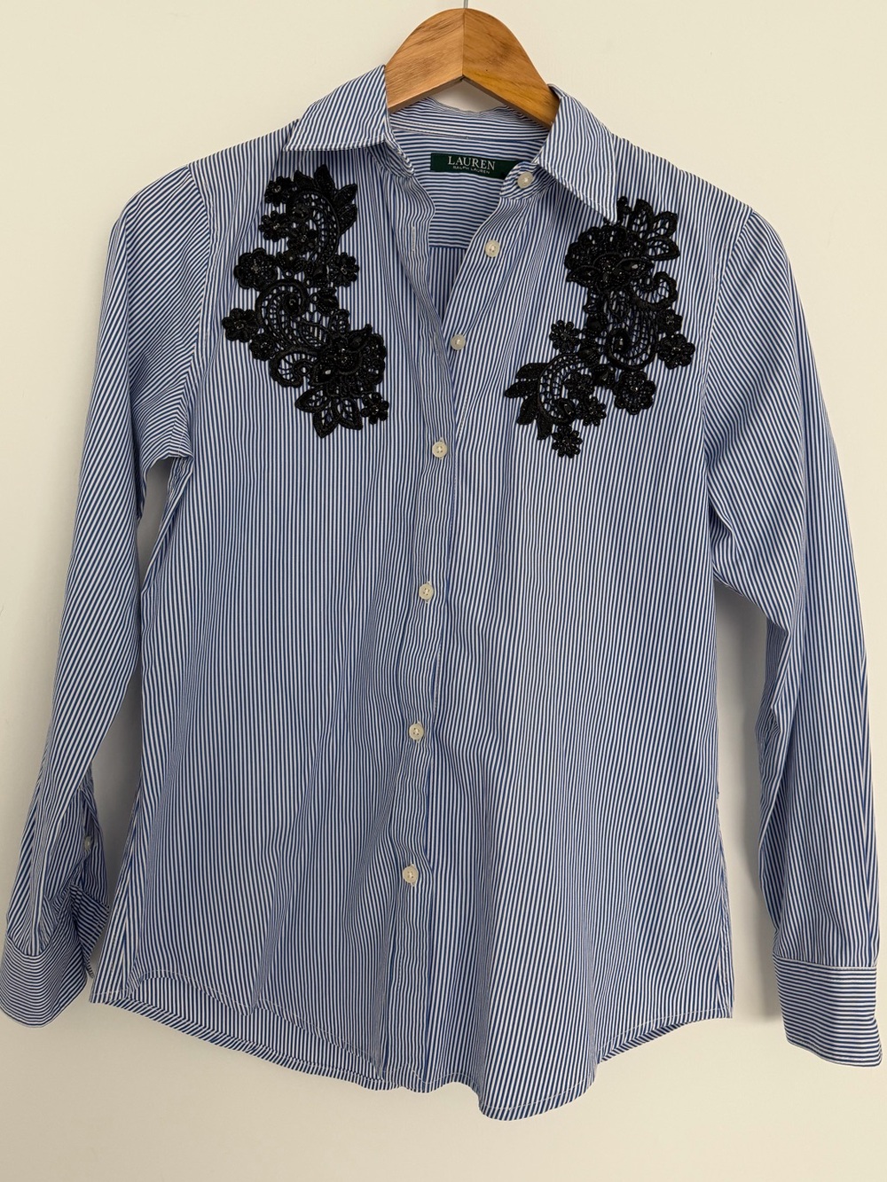 Lauren Ralph Lauren Blue and white Striped womans Shirt with Lace and Embroidery